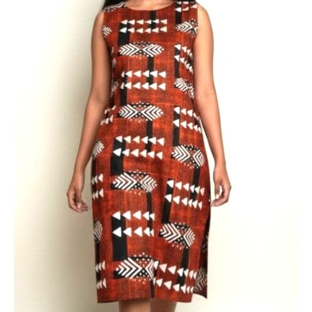 African Print Shift Dress Orange Geometric Mudcloth Tribal Design Pit to pit 22"
